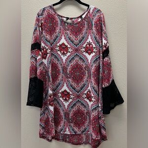 Haute Apparel - 1XL - Paisley Print Women's Dress with Lace Sleeves